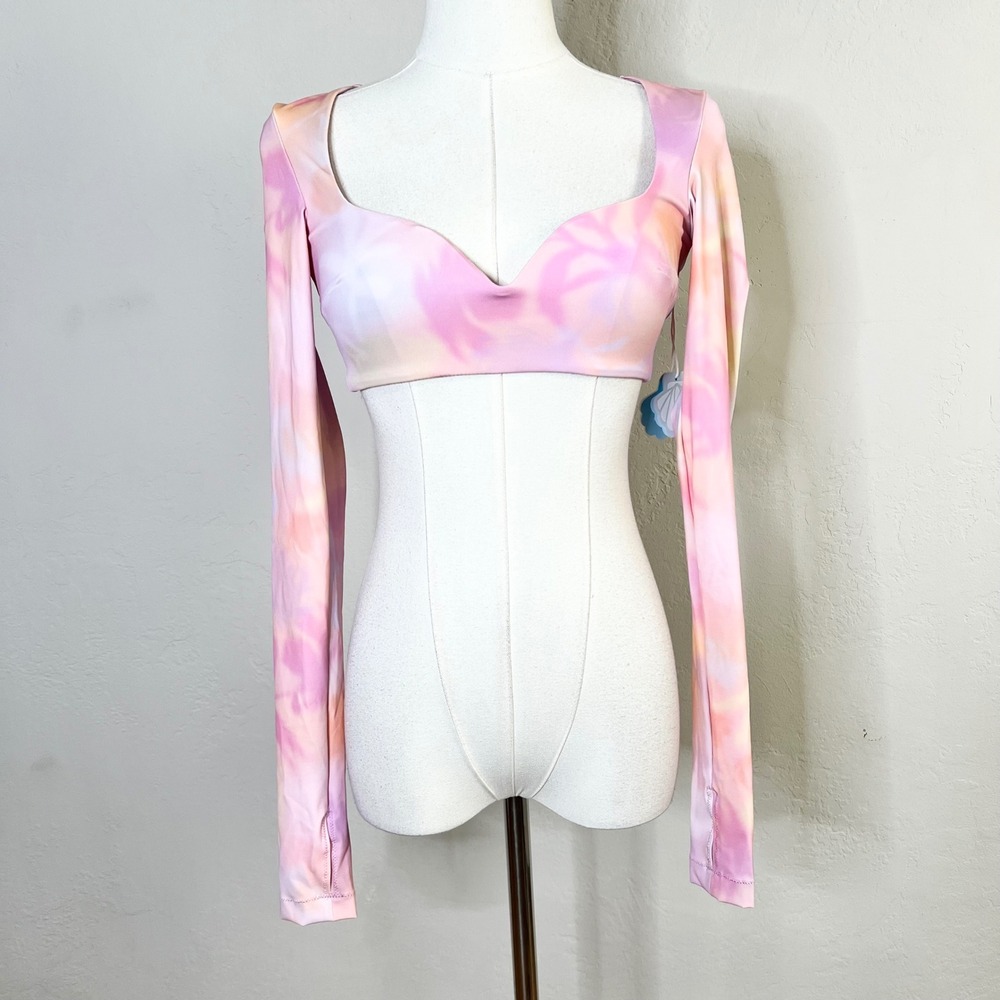 POPFLEX Siren Sweetheart Bikini Top Long Sleeve Crop NEW Size XS Pink Tie Dye